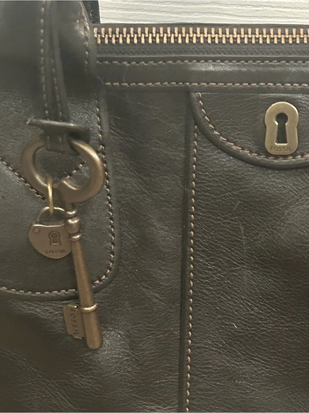 Fossil Dark Brown Leather Satchel Shoulder Bag Key Charm